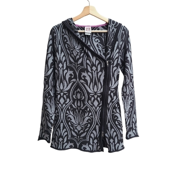 Avalanche Knit Sweater with Offset Zipper and Hood, Black And Grey, Size Small - Picture 1 of 8